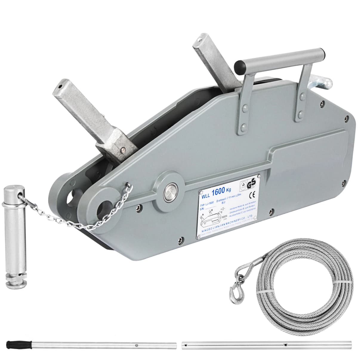 SucceBuy Hand Rope Winch Hoist with Extendable Lever 1.6T 25M/20M High Strength Wire Rope for Construction Sites Warehouse