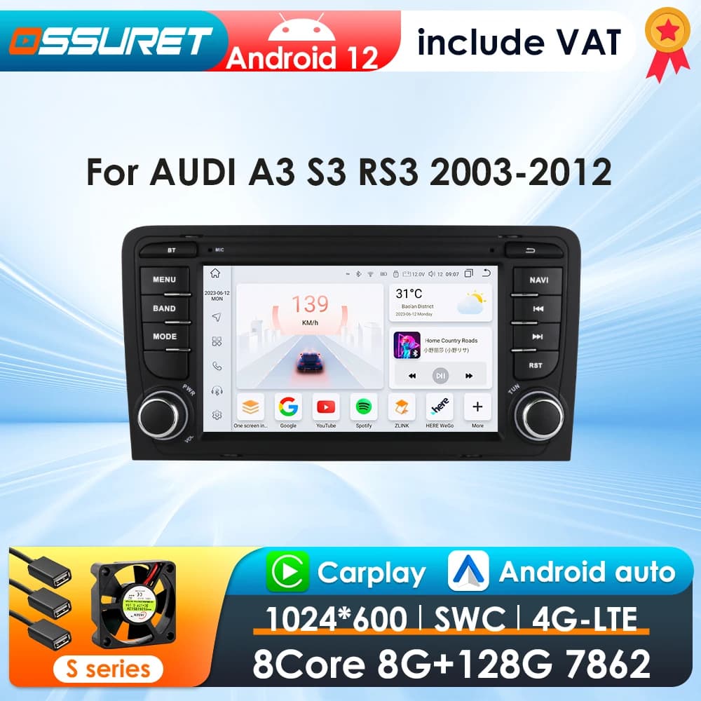 2Din Android 12 CarPlayAI Voice Carplay Android Auto Radio For Audi A3 8P 2003-2011 S3 RS3 Car Multimedia GPS 4G autoradio