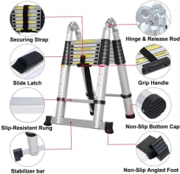 5M Telescopic Folding Ladder with Stabilizer Bar, Extension Ladder A-Frame Multi-Purpose Folding Ladder 330lb Capacity