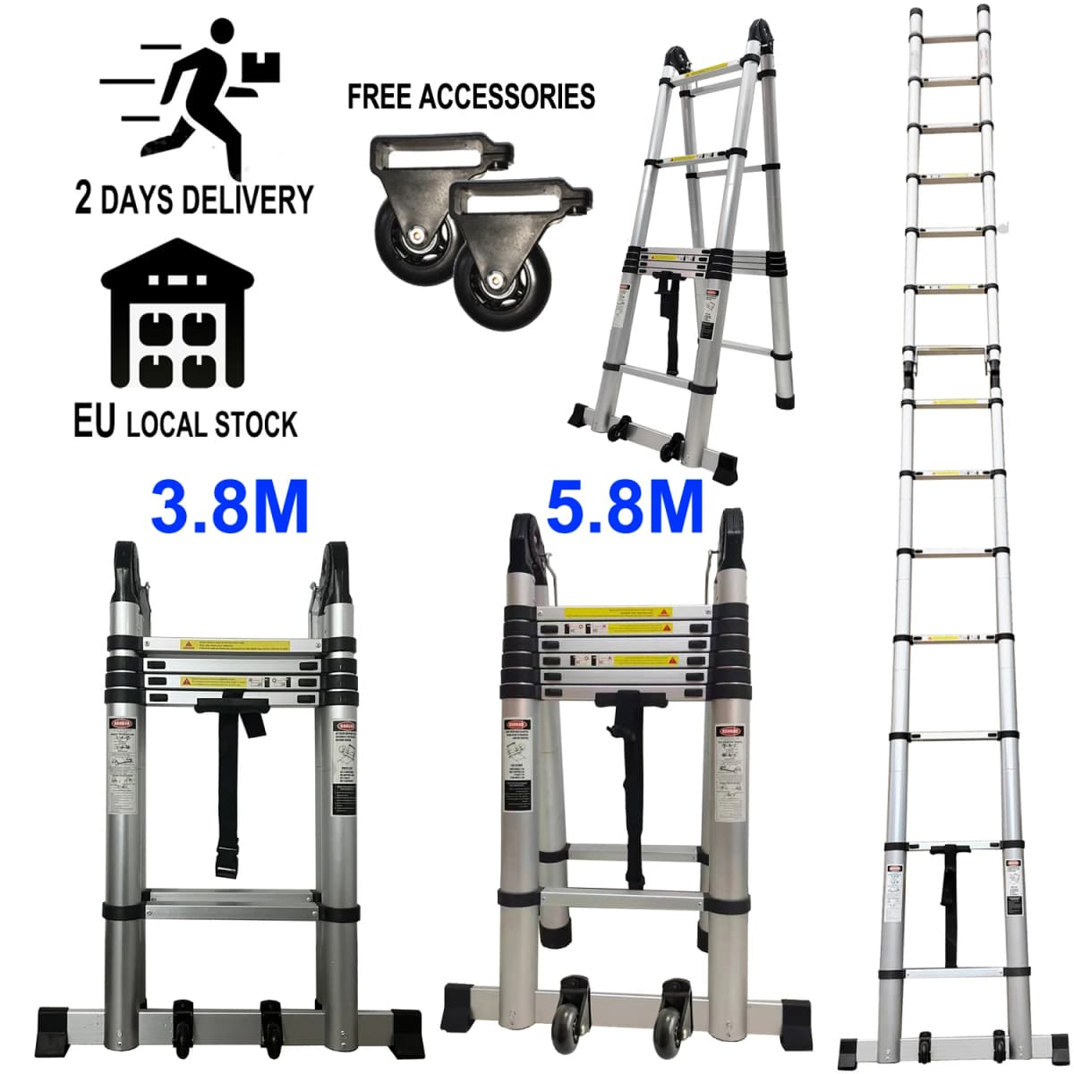 Telescopic Ladder Aluminium Multi-Purpose Ladder 2-in-1 Straight A-Frame Ladder with EN131 Certified Max Load 150kg 3.8M / 5.8M