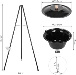 Hungarian Goulash Kettle, 10 Litres, Enamelled,151cm Telescopic Tripod Frame,Chain Height Adjustment, Soup Pot with Lid, Goulash