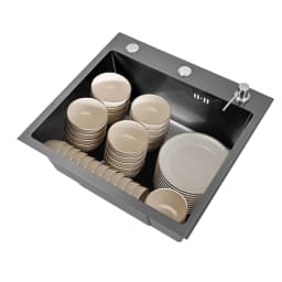Kitchen Sink with Draining Board + Detergent Dispenser, Black, 50 x 45 x 20 cm