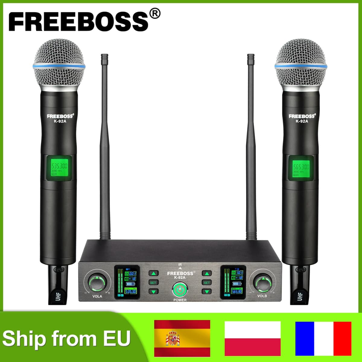 FREEBOSS 2 Way Wireless Microphone Dynamic UHF 2 Handheld Transmitter Adjustable Frequency Cardioid Party Church Karaoke K-92A