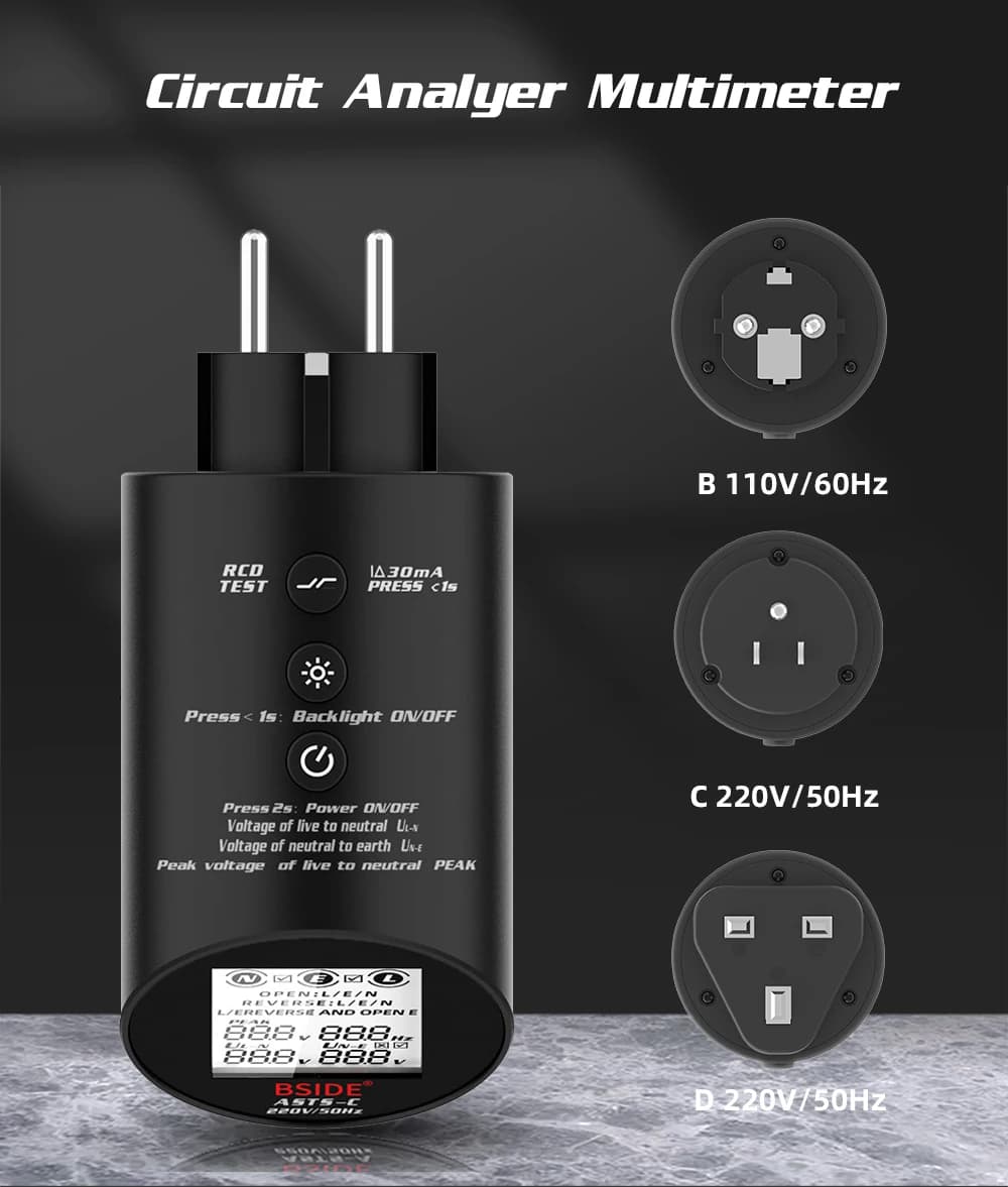 BSIDE ASTS Line Analyzer Professional Socket Tester Socket Checker Electrician Polar Phase Wiring Cable Status RCD Check