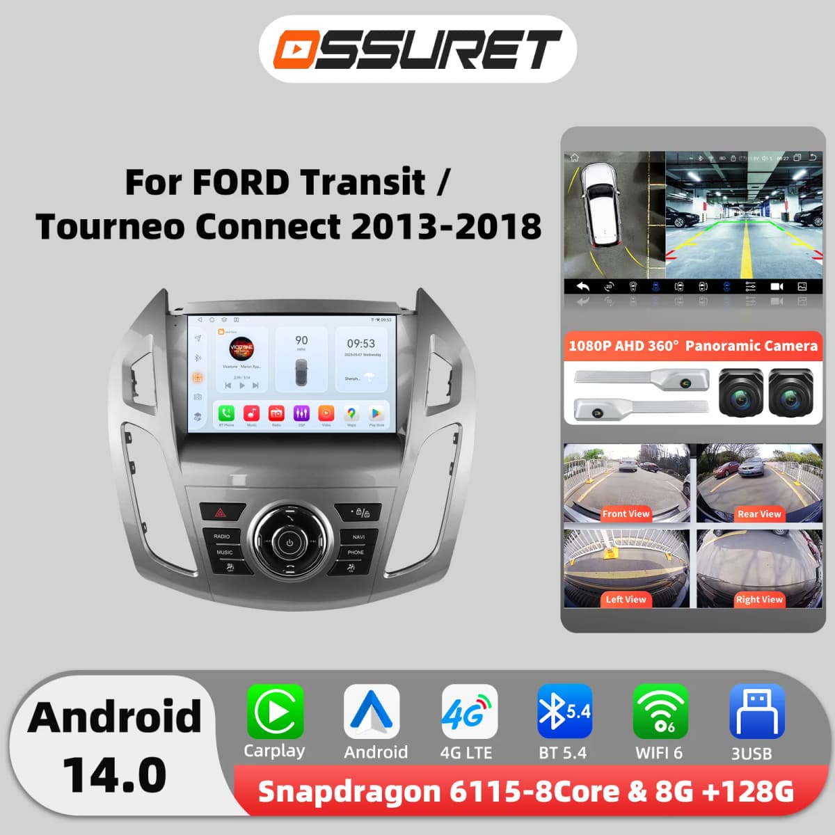 2din Android 14 Car radio for FORD Transit/Tourneo Connect 2013-2018 multimedia player 4G 8Core Autoradio 6115 Carplay Screen
