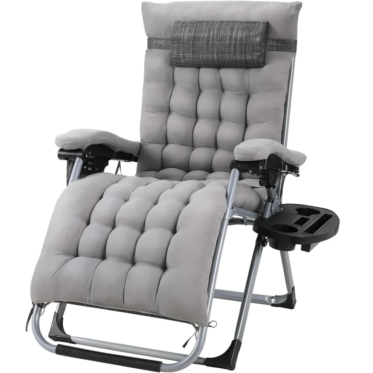 Sun Lounger, Foldable Deck Chair, Removable Comfortable Cotton Cushion, Garden Lounger, Adjustable with Headrest and Cup Holder