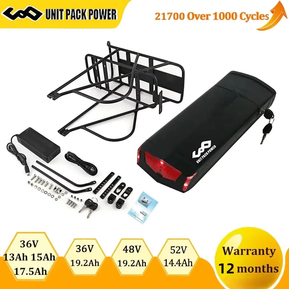 36V21AH Rear Rack Ebike Battery 52v 30ah Lithium Batteria 18650 21700 48V 14Ah for Electric Bicycle 250W 350W 500W 750W 1000W