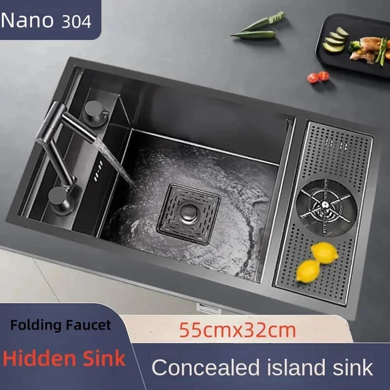 304 Nano Stainless Steel Hidden Sink Folding Faucet, Large Single Slot, Cover Plate, Bar Counter Cup Washer, 55cm X 32cm