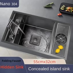 304 Nano Stainless Steel Hidden Sink Folding Faucet, Large Single Slot, Cover Plate, Bar Counter Cup Washer, 55cm X 32cm
