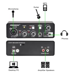 FREEBOSS Stereo Recording Audio Interface Guitar ASIO4ALL 3 Channels Input Monitor 48V External Usb Sound Card for Studio UC26