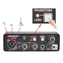 FREEBOSS Stereo Recording Audio Interface Guitar ASIO4ALL 3 Channels Input Monitor 48V External Usb Sound Card for Studio UC26