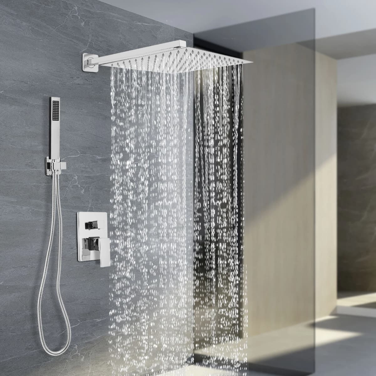 Flush-mounted Shower Set, Wall-mounted Shower System Bathroom Shower Set Silver/Black