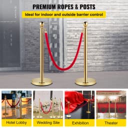 SucceBuy Gold Crowd Control Barrier 5 ft/1.5 m Elegant Velvet Ropes and Posts Stainless Steel Stanchion Post with Ball Top 4 PCS