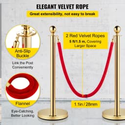 SucceBuy Gold Crowd Control Barrier 5 ft/1.5 m Elegant Velvet Ropes and Posts Stainless Steel Stanchion Post with Ball Top 4 PCS