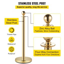 SucceBuy Gold Crowd Control Barrier 5 ft/1.5 m Elegant Velvet Ropes and Posts Stainless Steel Stanchion Post with Ball Top 4 PCS