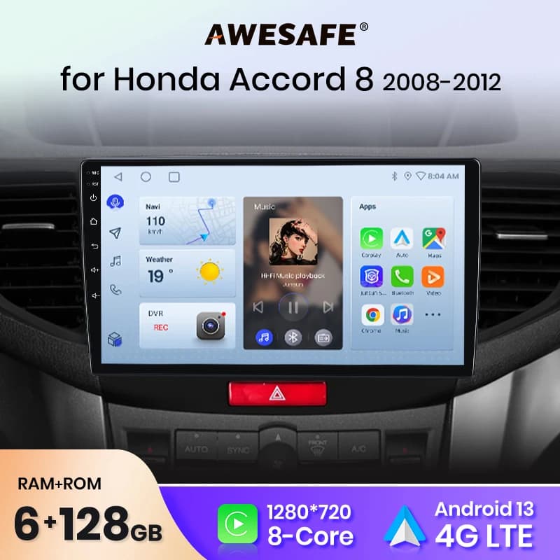 AWESAFE Wireless CarPlay Android Auto Car Radio For Honda Accord 8 2008 2009-2012 GPS Navi SWC FM BT Plug and Play DSP Stereo
