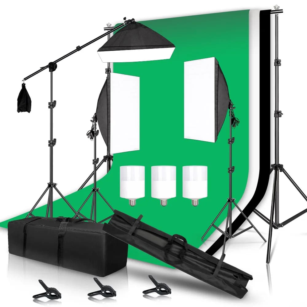 Studio Photography Light Kit Softbox Lighting Set 2x2M Background Stand Fabric Boom Arm for Studio Live Streaming Video Record