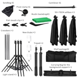 Studio Photography Light Kit Softbox Lighting Set 2x2M Background Stand Fabric Boom Arm for Studio Live Streaming Video Record