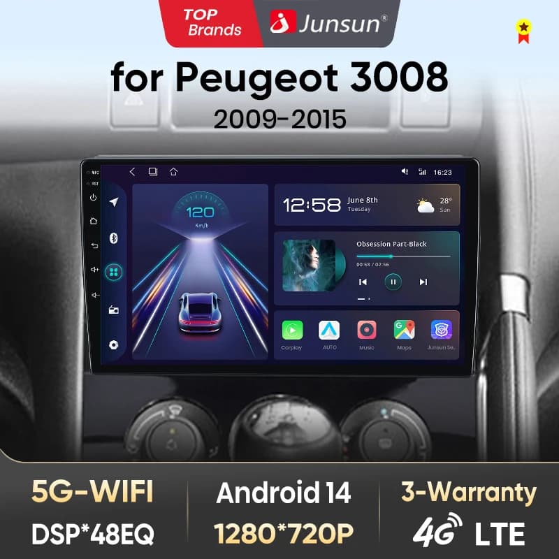 Junsun Android 13 Radio Autoradio For Peugeot 3008 2009 2010-2015 Car Intelligent Systems for Apple Carplay GPS RDS WiFi France