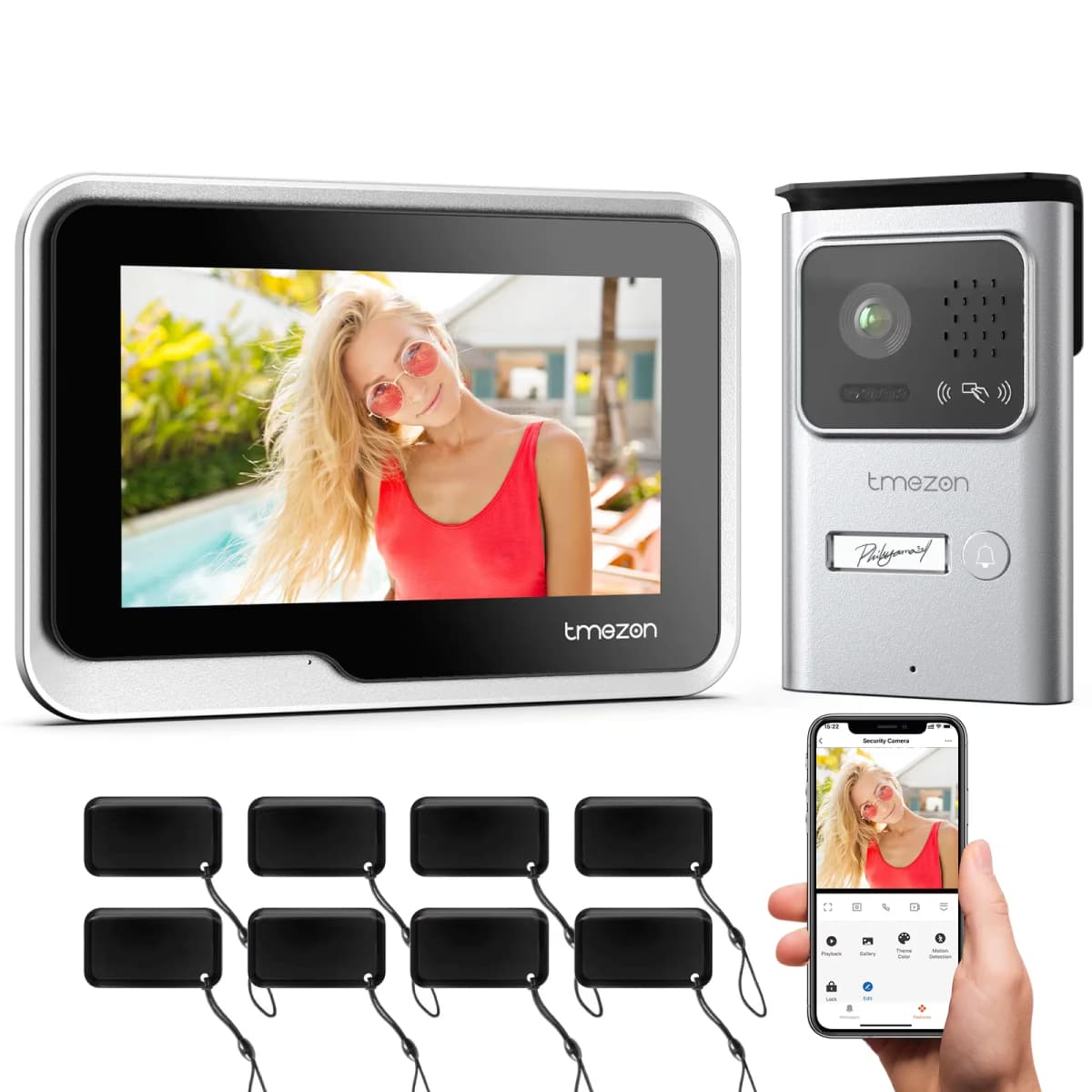 TMEZON 2-Wire WiFi Video Doorphone Doorbell Intercom 7 Inch 1080P Touchscreen Monitor APP/Swipe/Card 4in1 Unlock Tuya App MZ-M730+MZ-E20