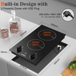 Karinear Built-in Induction Cooktop with 2 Burners, 30 cm, Induction Hob with Plug and Knob Control