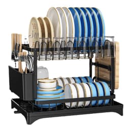 Double Layer Dish Drainer with Drainage Plate Stainless Steel Kitchen Dish Drainer with Cutlery and Cup Holder Kitchen Utensils