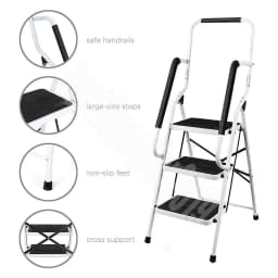 Foldable 3 Step Ladder with Handrails, Steel, Large Size Pedal, Anti-Slip Feet, 150 Kg Capacity, Easy to Store, for Home Kitchen