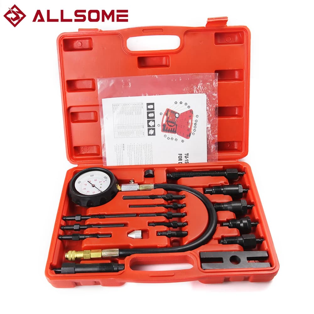 ALLSOME Professional Diesel Engine Cylinder Compression Tester Tool Kit Set Pressure Gauge Tester Kit Set TU-15B Detection Table