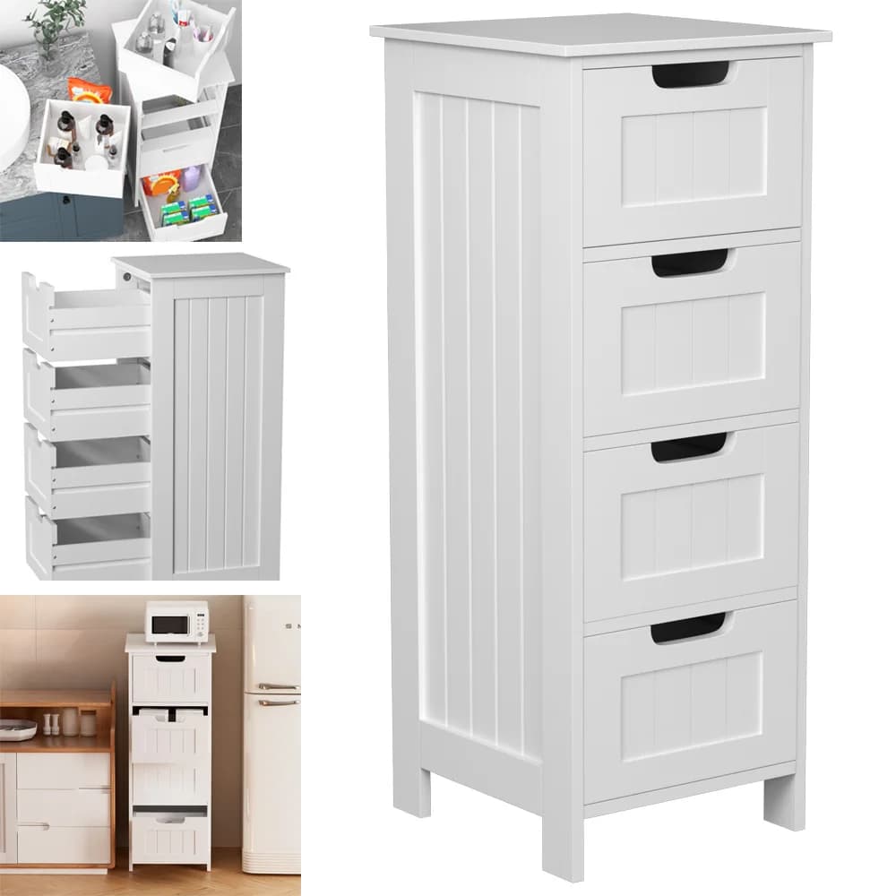 4 Drawer Chest of Drawers, White Floor Standing Bathroom Storage Cabinet Cupboard, Wooden Storage Dresser Organizer Unit, MDF