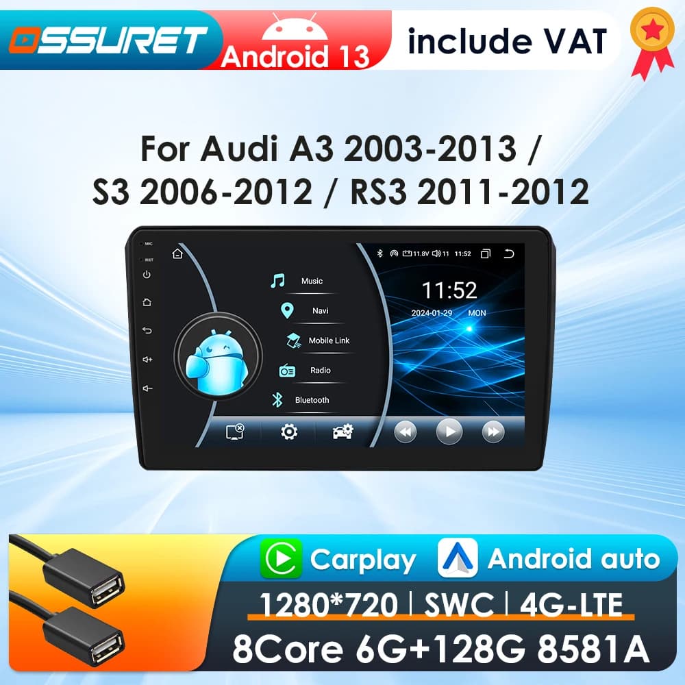 2Din Android 13 Car Radio For Audi A3 8P S3 RS3 2003-2013 Car Multimedia GPS 4G Wireless CarPlay Android Auto AI Voice autoradio