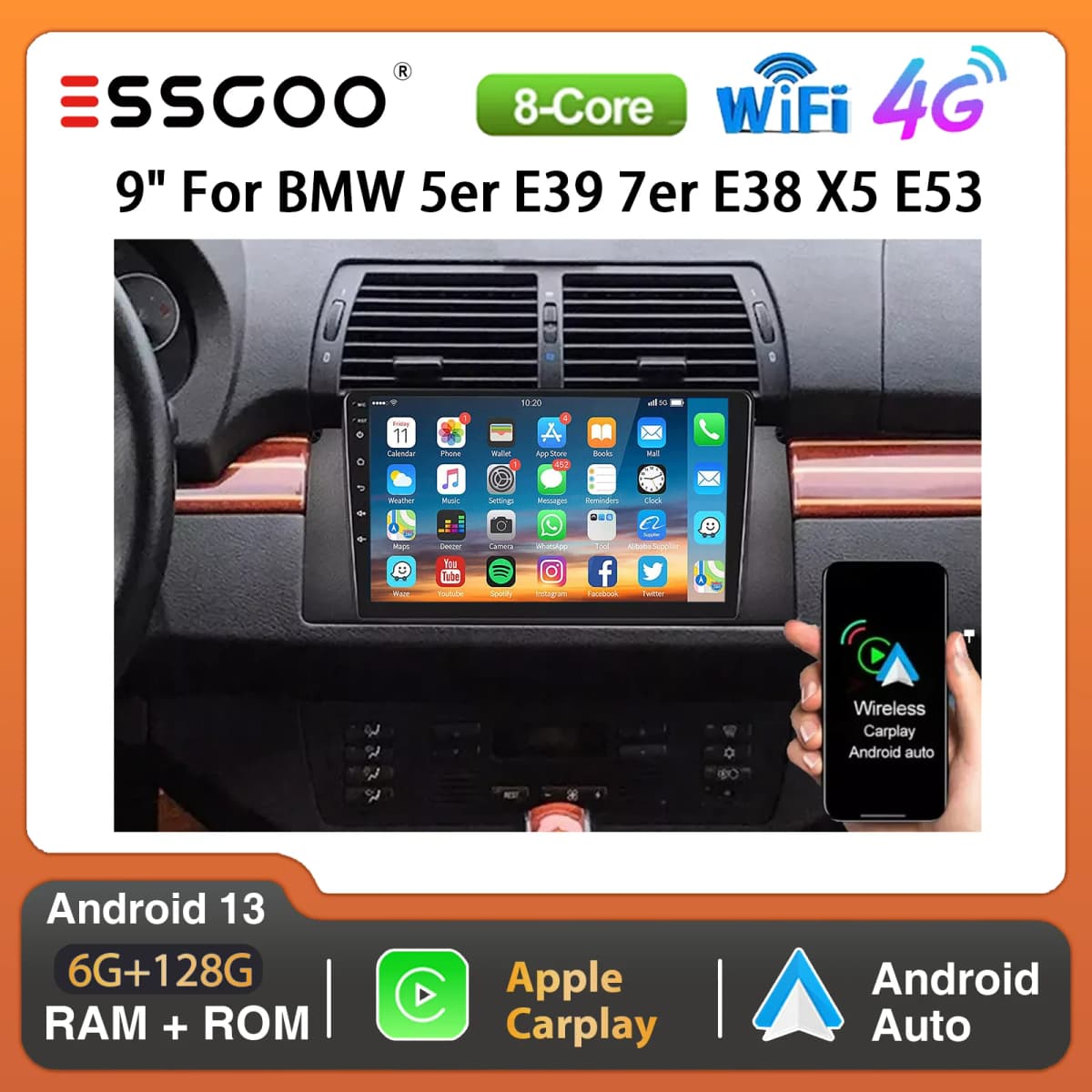 ESSGOO 9" 6+128G Android 13 Wireless Carplay Android Auto Car Radio GPS Navigation For BMW 5er E39 7er E38 BT FM RDS WIFI 4G DSP