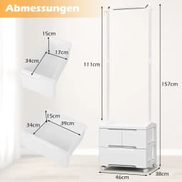 Dresses stand with 3 drawers, coat rack stand with side hook and dresses bar, freestanding coat holder