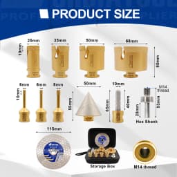 SHDIATOOL 11Pcs Diamond Drill Bit Kit 6/6/8/25/35/50/68mm Hole Saw+10mm Milling Bit+50mm Chamfer Bit+115mm Saw Blade+HEX Adapter