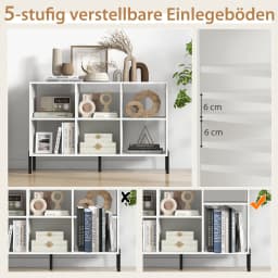 6 Compartments Bookshelf with raised metal legs and adjustable shelves, dice shelf storage shelf