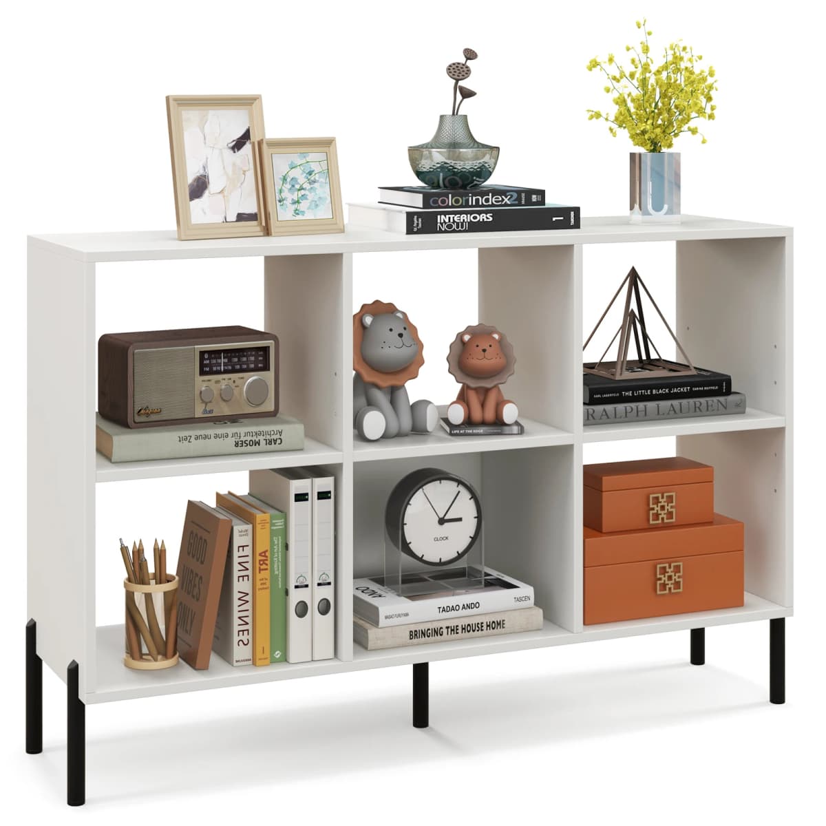 6 Compartments Bookshelf with raised metal legs and adjustable shelves, dice shelf storage shelf