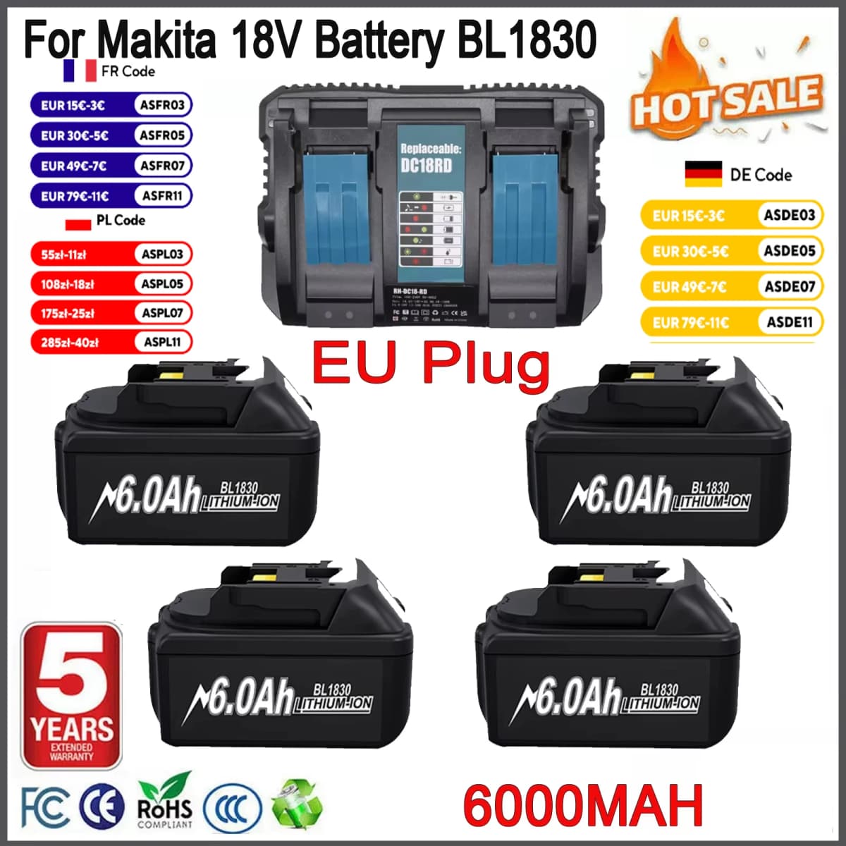 18V 6000mAh For Makita BL1830 Replacement Battery Compatible for Makita BL1830 BL1850 BL1860 BL1850B BL1840B 18V Power Tool