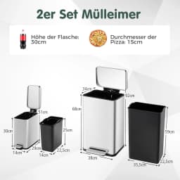 40 Litre + 6 Litre Pedal Bin with Removable Inner Bin and Soft Lid for Kitchen, Bathroom and Office, Silver