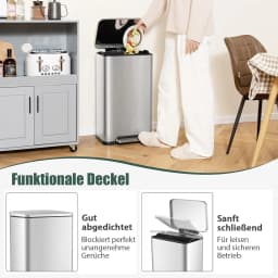 40 Litre + 6 Litre Pedal Bin with Removable Inner Bin and Soft Lid for Kitchen, Bathroom and Office, Silver