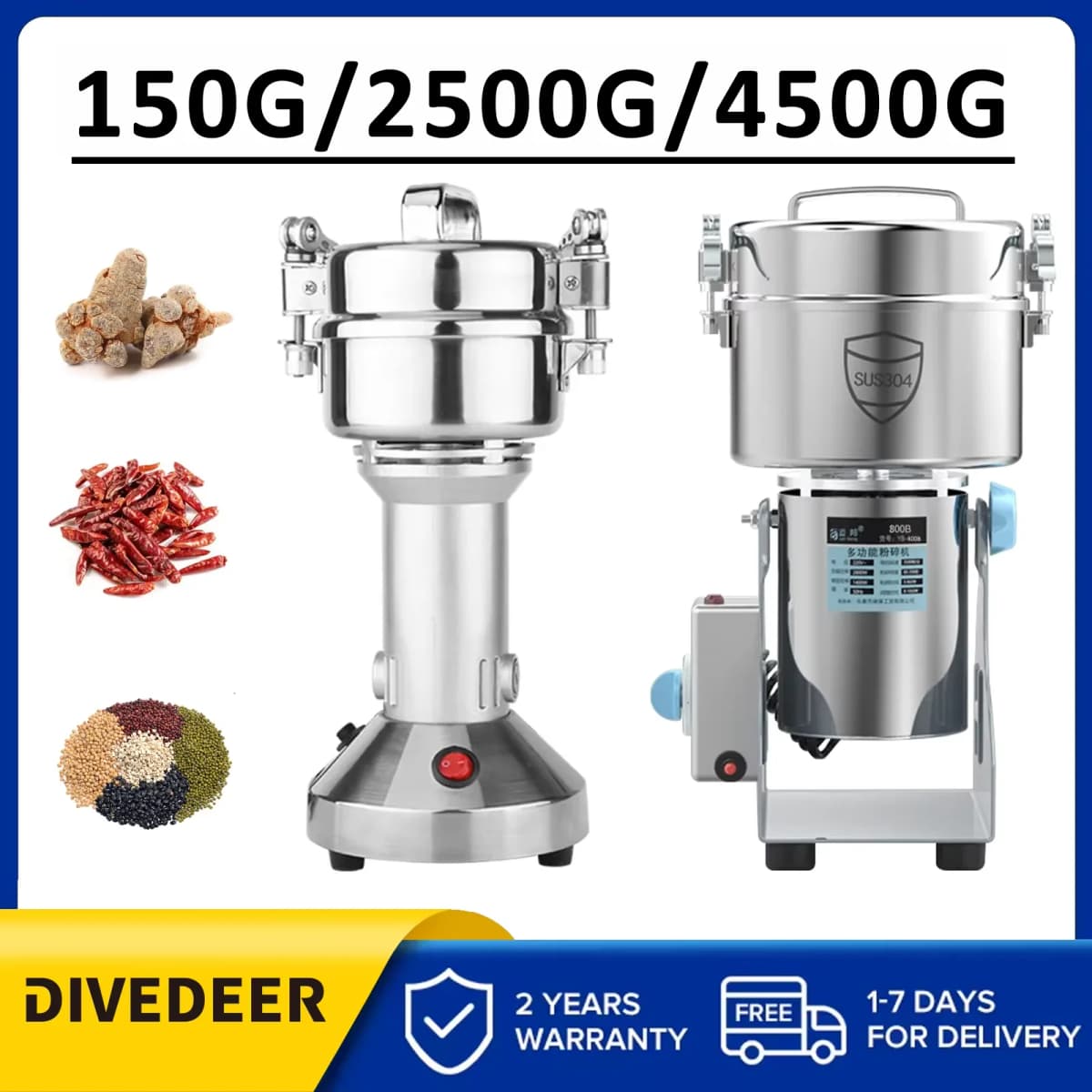 DIVEDEER 150~4500g Electric Grains Spices Hebals Coffee Dry Food Grinder Mill Grinding Machine Gristmill Flour Powder Crusher