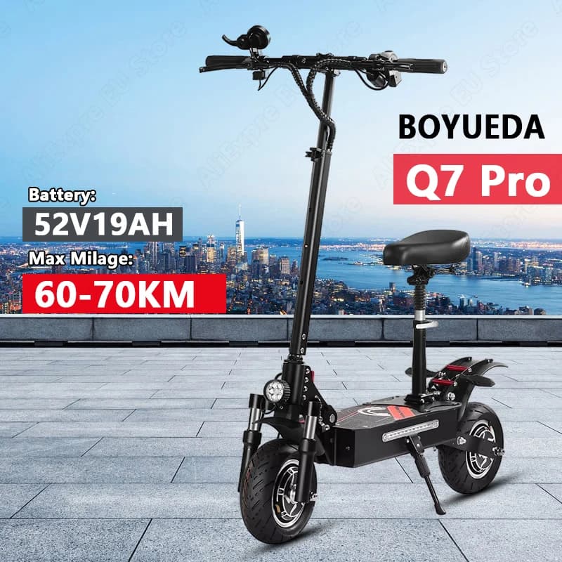 Boyueda Q7Pro Electric Scooter for Adults with Dual Motors and a 52V 19Ah Battery, featuring quiet 10-inch tires—ideal for daily commuting.