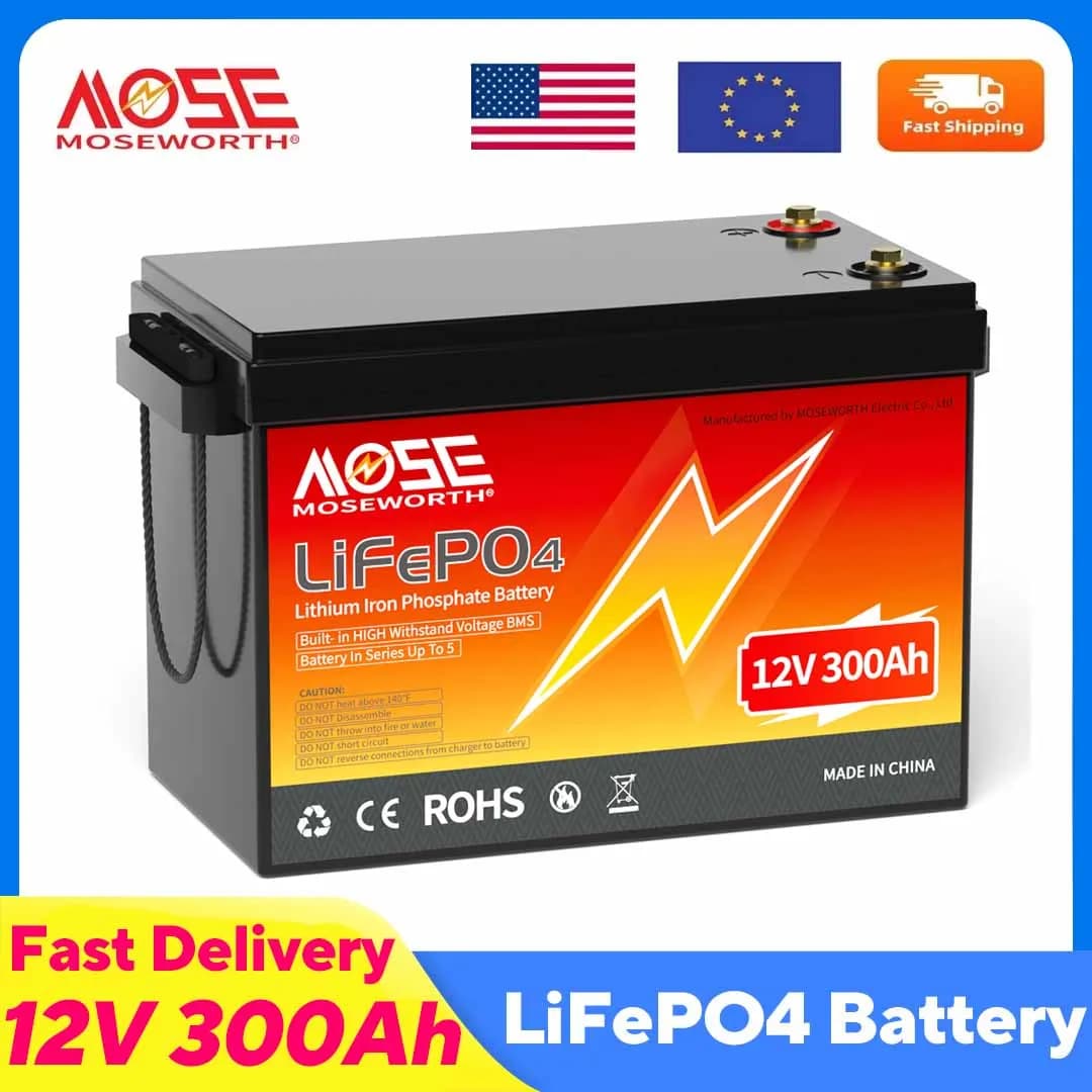MOSEWORTH 12V 300Ah LiFePO4 Battery Lithium Iron Phosphate Battery With 200A BMS 8000+ Cycles For RV Campers Golf Cart Off-Road