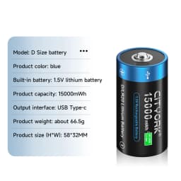 CITYORK 1.5V 15000mWh D Size Rechargeable Battery R20 Li-ion TYPE-C Battery For Gas Cooker Electronic Piano Water Heater Radio