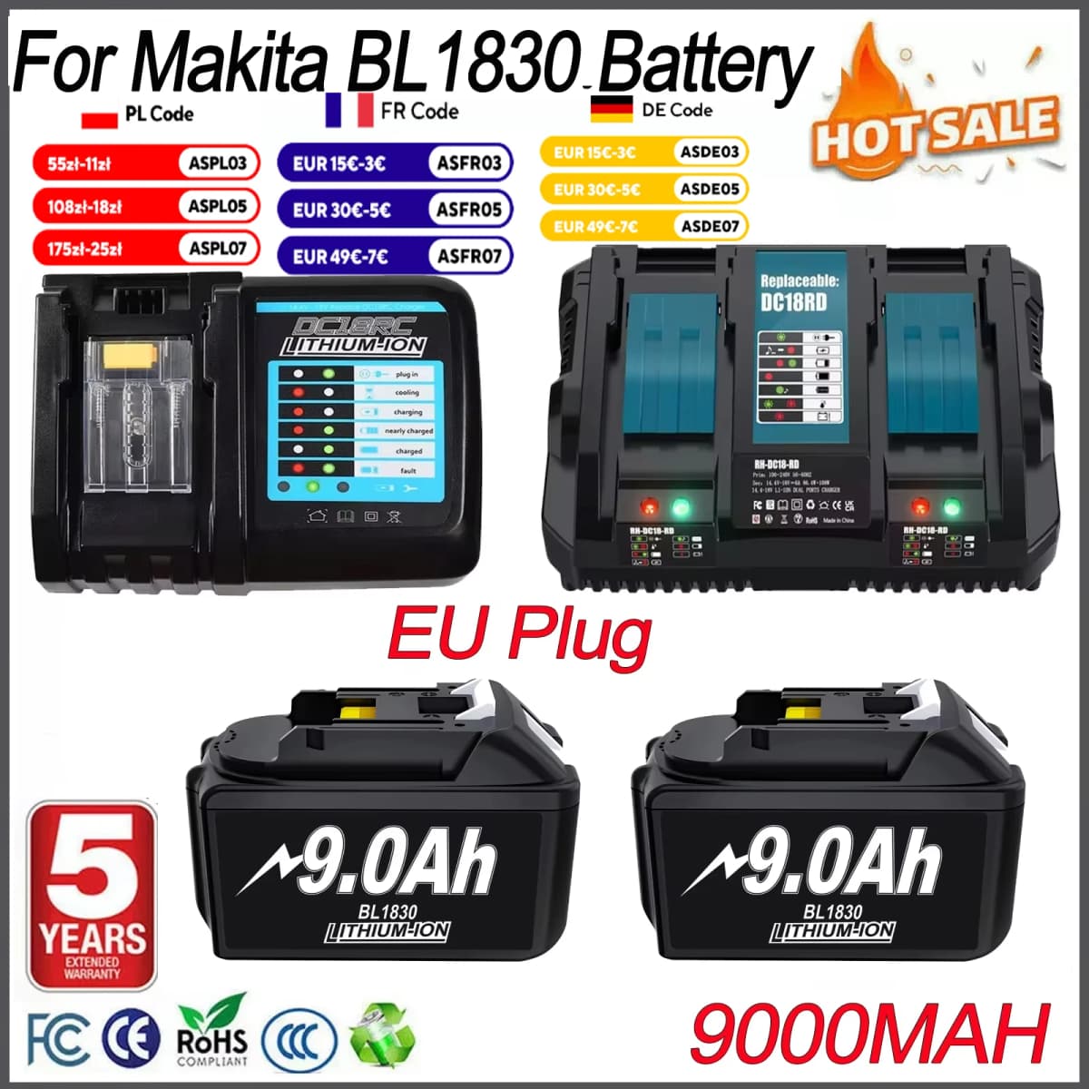18V 9000mAh Replacement Battery Compatible for Makita BL1830B BL1840B BL1860 BL1890 BL1815 BL1830 LXT400 Cordless Drills