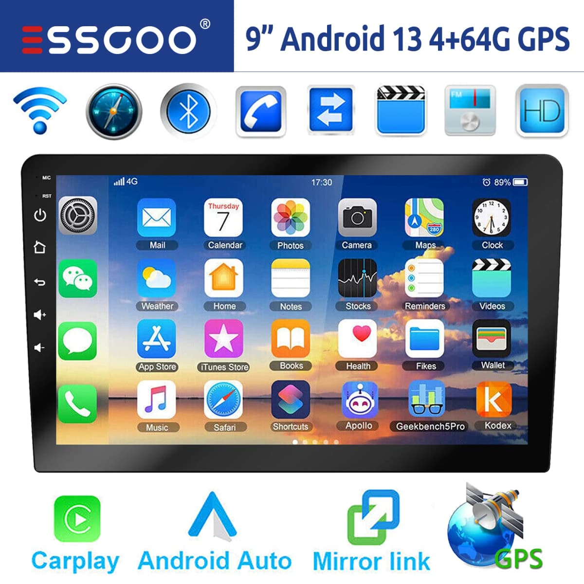 ESSGOO 9" Android 13 4+64G Wireless Apple Carplay Car Stereo Double 2 DIN GPS Navigation Bluetooth FM RDS USB WIFI Mirror Link