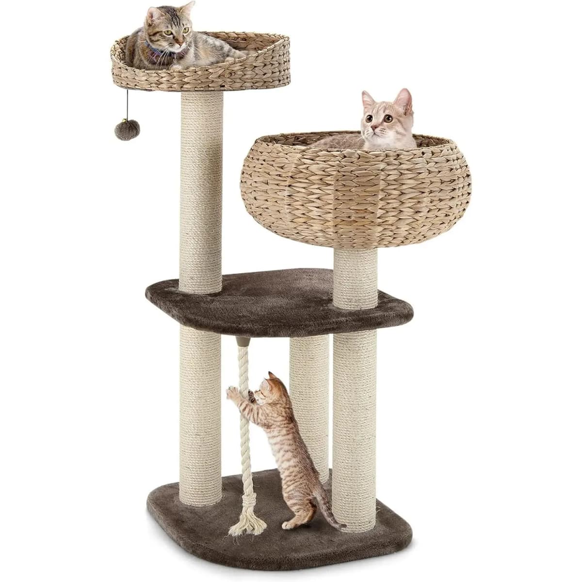 Cat Tree 104 CM for cats and kittens, 4 tiers, with sisal posts, soft cushions, suspension ball and rope, brown and beige