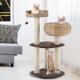 Cat Tree 104 CM for cats and kittens, 4 tiers, with sisal posts, soft cushions, suspension ball and rope, brown and beige