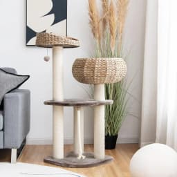 Cat Tree 104 CM for cats and kittens, 4 tiers, with sisal posts, soft cushions, suspension ball and rope, brown and beige