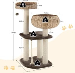 Cat Tree 104 CM for cats and kittens, 4 tiers, with sisal posts, soft cushions, suspension ball and rope, brown and beige