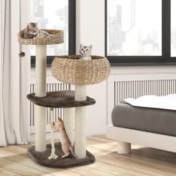 Cat Tree 104 CM for cats and kittens, 4 tiers, with sisal posts, soft cushions, suspension ball and rope, brown and beige
