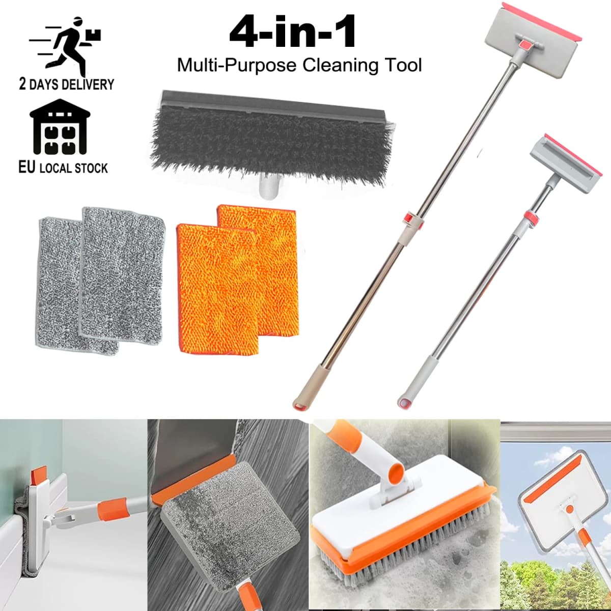 4 in 1 Window Glass Squeegee Cleaner Wiper Telescopic Multi-Purpose Washer for Window Board Ceiling Floor Skirting Cleaning Tool